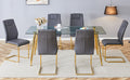 Table And Chair Set.Modern Rectangular Glass Dining Table With A Tempered Glass Tabletop And Metal Legs, Paired With Multiple Chairs Designed With Pu Cushions And Golden Metal Legs. Grey Gold Seats 6 Tempered Glass