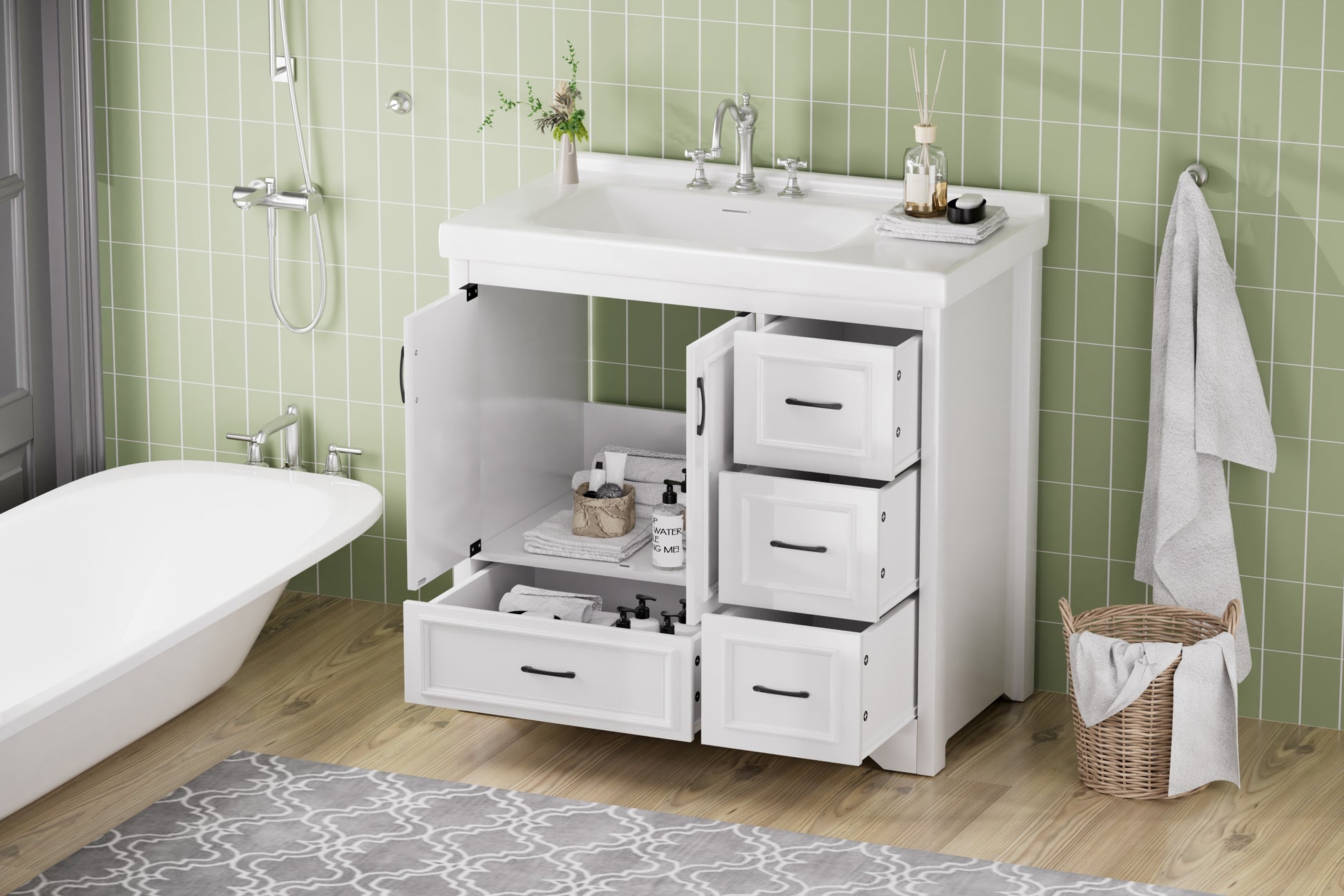 36'' Bathroom Vanities With Single Sink, Modern Under Mount Bathroom Sink Cabinet With 2 Closing Doors & 4 Drawers. White, 35.8''W X 19.7''D X 35.4''H. White Particle Board Mdf