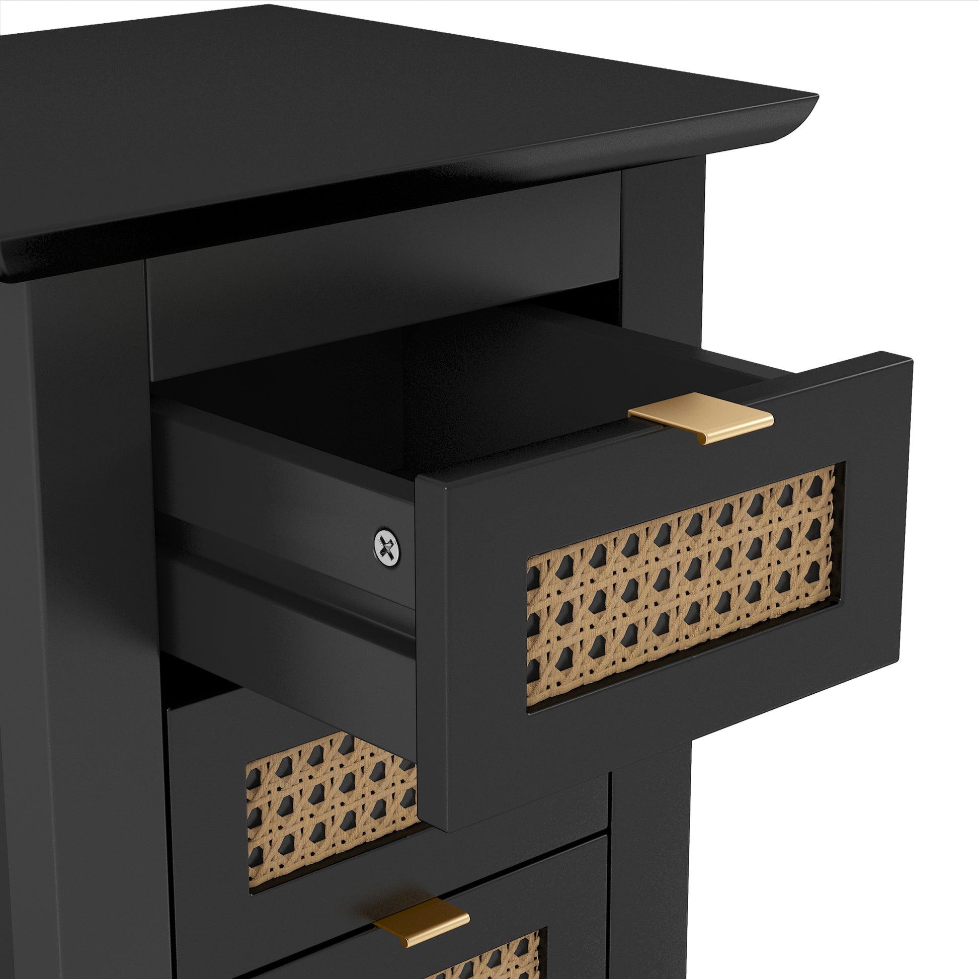 3 Pieces Bedroom Sets Full Size Wooden Platform Bed With Natural Rattan Headboard, Nightstands Set Of 2 With Rattan Woven Surfaces And Three Drawers For Bedroom, Black Black Particle Board