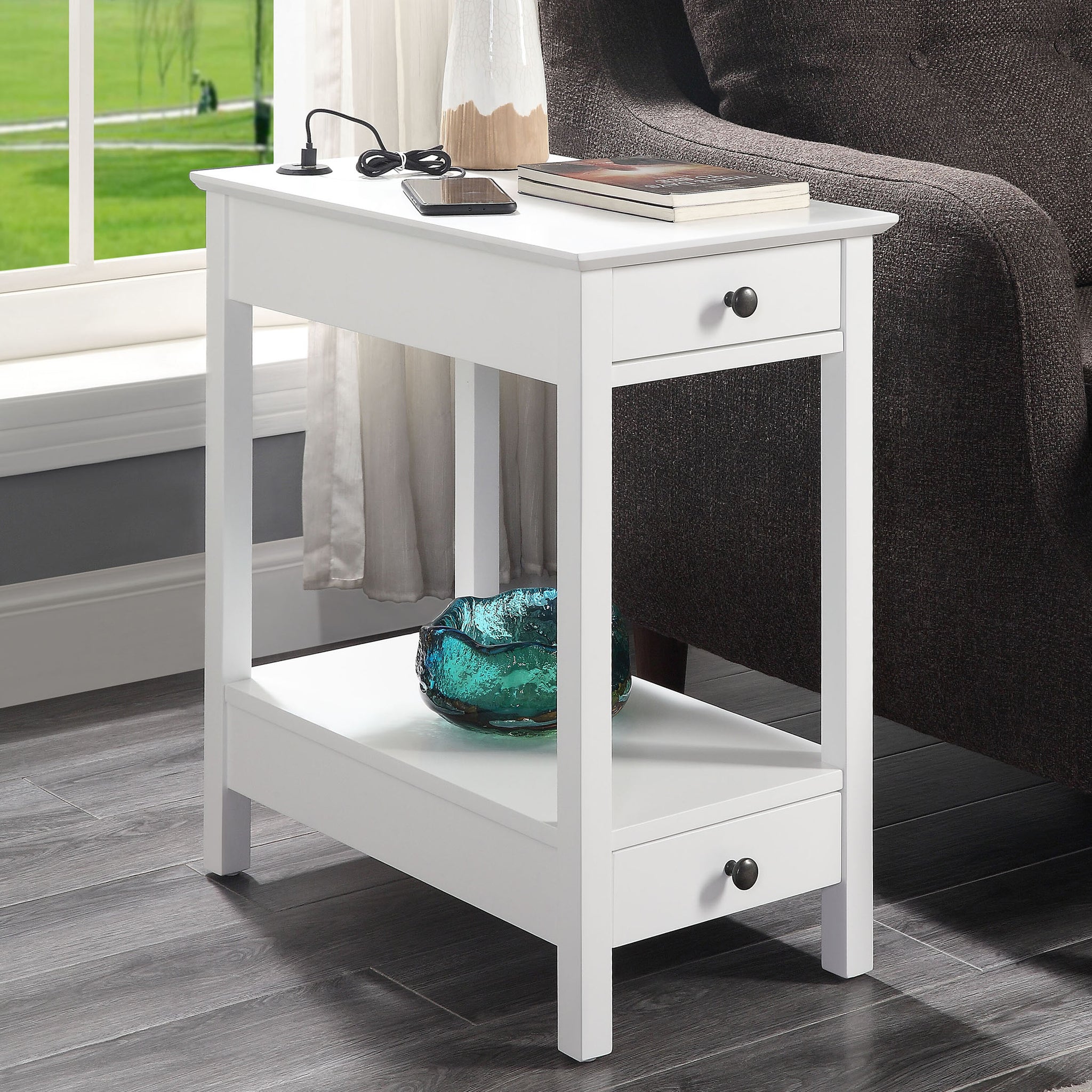 White Storage Accent Table With Usb White White Primary Living Space Modern Drawers Rectangular Wood