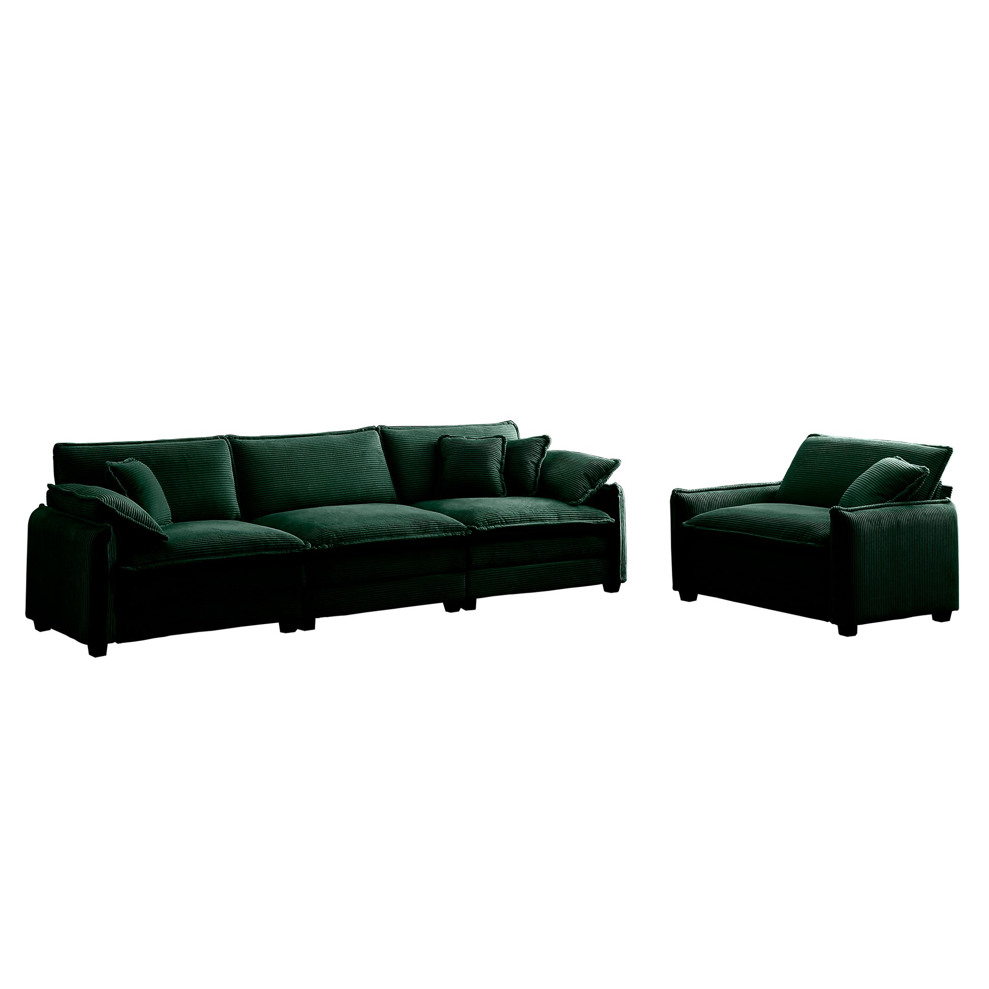 Mid Century Modern Sofa Set Of Two, One 3 Seater Sofa And One Single Seat Sofa With 2 Arm Pillows And 4 Throw Pillows,2 Pieces Sofa Set For Living Room,Green Corduroy Fabric Green Corduroy 4 Seat