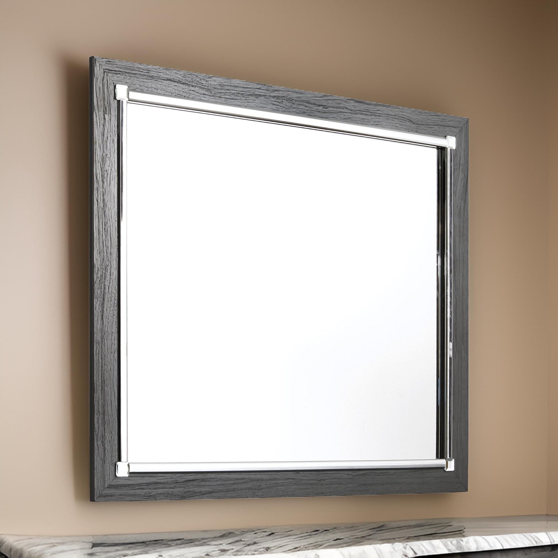 Contemporary Square Shape Bedroom Mirror With Wood Grain Texture, Gray Gray Mdf Glass