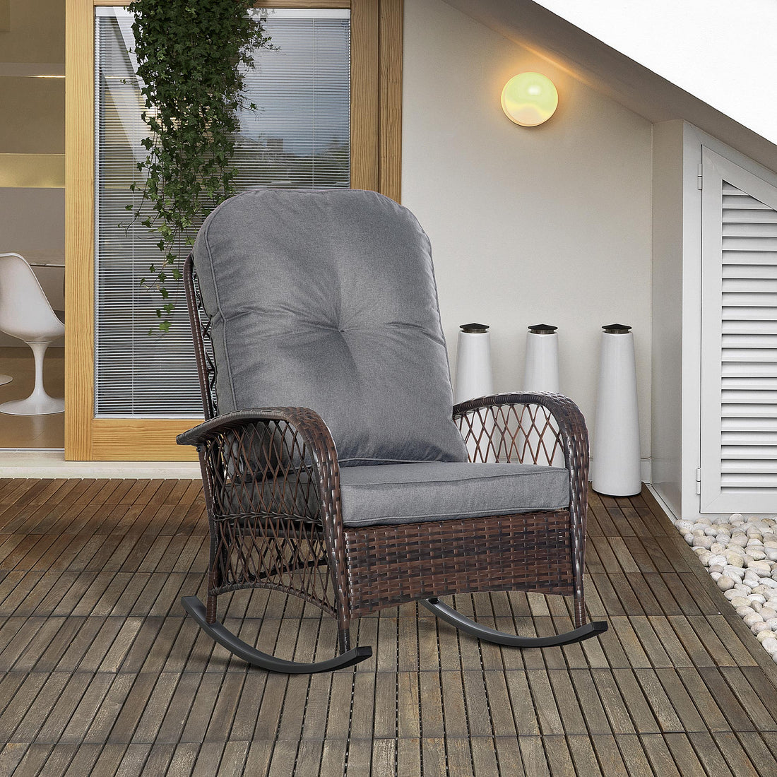 Outsunny Outdoor Wicker Rocking Chair With Wide Seat, Thick, Soft Cushion, Rattan Rocker W Steel Frame, High Weight Capacity For Patio, Garden, Backyard, Grey Gray Steel