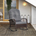 Outsunny Outdoor Wicker Rocking Chair With Wide Seat, Thick, Soft Cushion, Rattan Rocker W Steel Frame, High Weight Capacity For Patio, Garden, Backyard, Grey Gray Steel