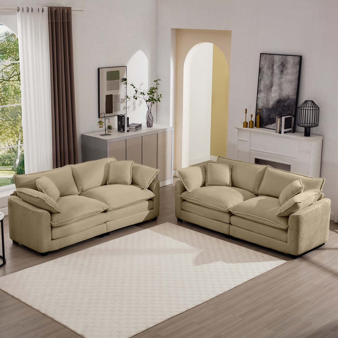 Modern Fabric Living Room Sofa Two Piece Set, Two 2 Seater Sofas With 8 Cushion Upholstery Large Deep Seat Recliner, Tan Corduroy Fabric Tan Corduroy 4 Seat