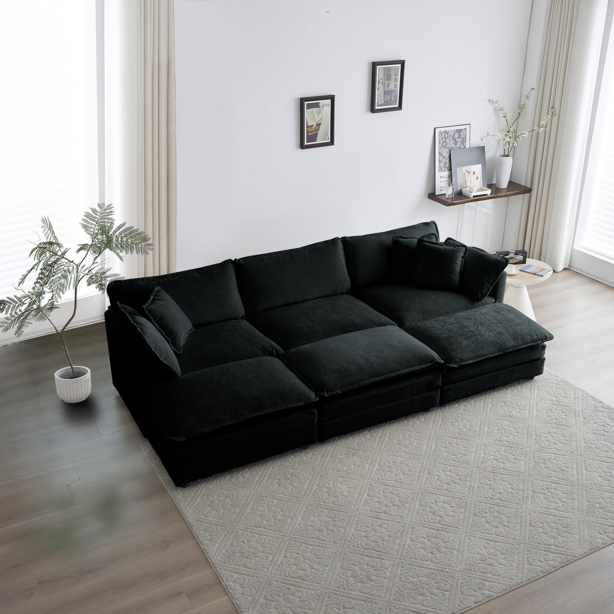 Comfortable Deep Seat Reversible Modular 6 Seater Sectional Super Soft Sofa U Shaped Sectional Couch With 3 Ottomans, 3 Toss Pillows And 2 Arm Pillows Black Chenille 3 Seat