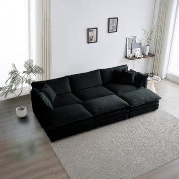 Comfortable Deep Seat Reversible Modular 6 Seater Sectional Super Soft Sofa U Shaped Sectional Couch With 3 Ottomans, 3 Toss Pillows And 2 Arm Pillows Black Chenille 3 Seat