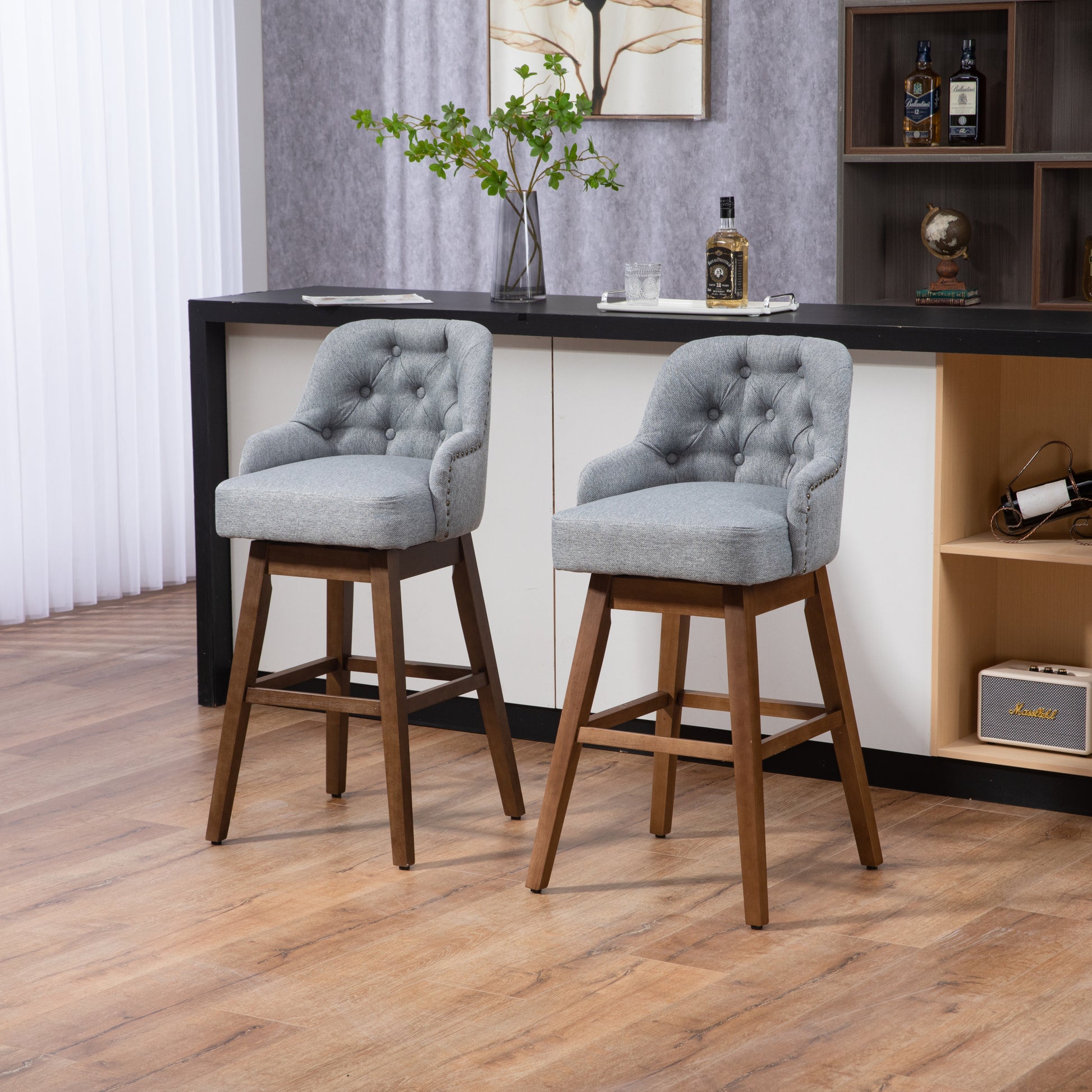 Coolmore Bar Stools Set Of 2 Counter Height Chairs With Footrest For Kitchen, Dining Room And 360 Degree Solid Wood Legs Swivel Bar Stools Set Of 2 Gray Linen Gray Foam Linen