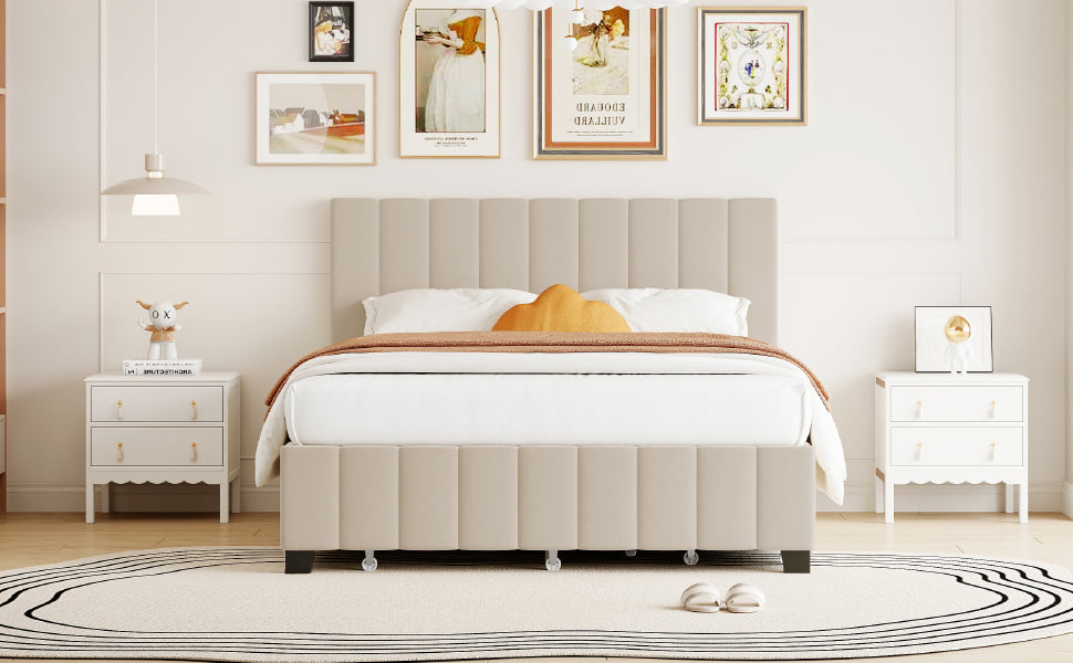 Queen Size Velvet Upholstered Platform Bed With 2 Drawers And 1 Twin Xl Trundle Beige Queen Beige Upholstered