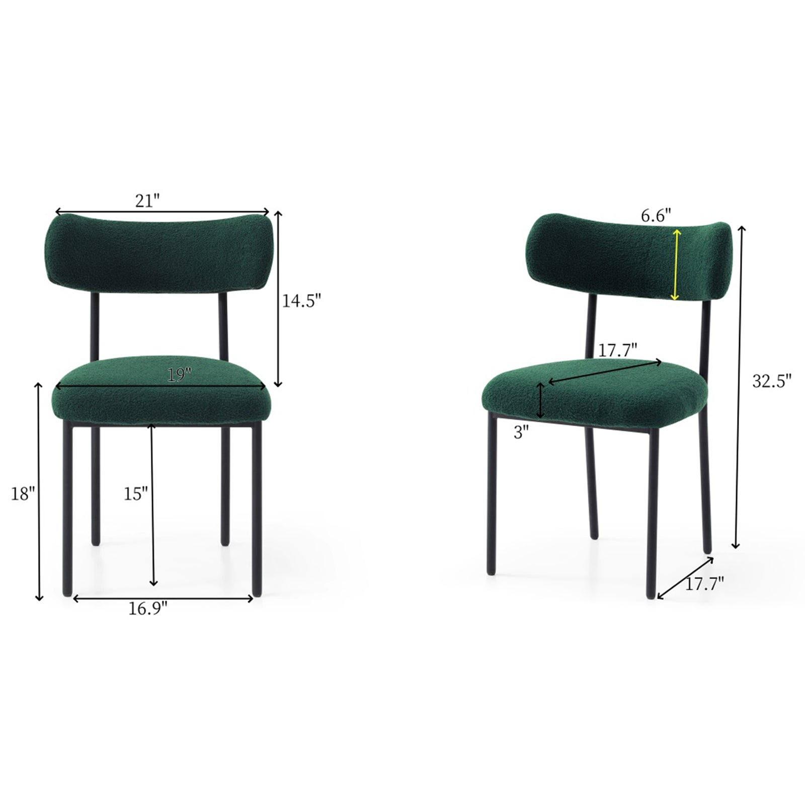 Dining Chairs Set Of 2,Round Upholstered Sherpa Fabric Dining Room Chairs With Curved Backrest,Mid Century Modern Accent Chairs With Black Metal Adjustable Legs For Dining Room,Living Room,Kitchen Green Foam Teddy