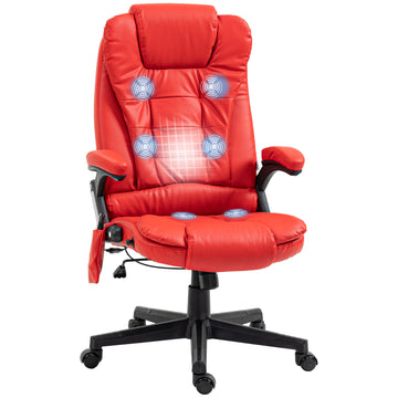 Homcom High Back Vibration Massage Office Chair With 6 Vibration Points, Heated Reclining Pu Leather Computer Chair With Armrest And Remote, Red Red Pu