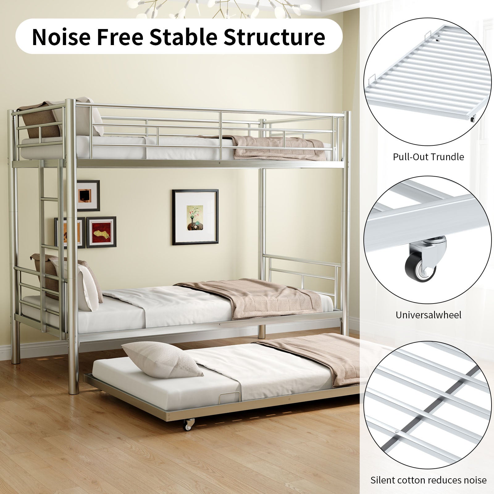 Heavy Duty Sturdy Meta Twin Over Twin With Trundle Bunk Bed L Noise Reduced Safety Guardrail No Box Spring Needed,Gray Silver Twin Gray Silver Metal