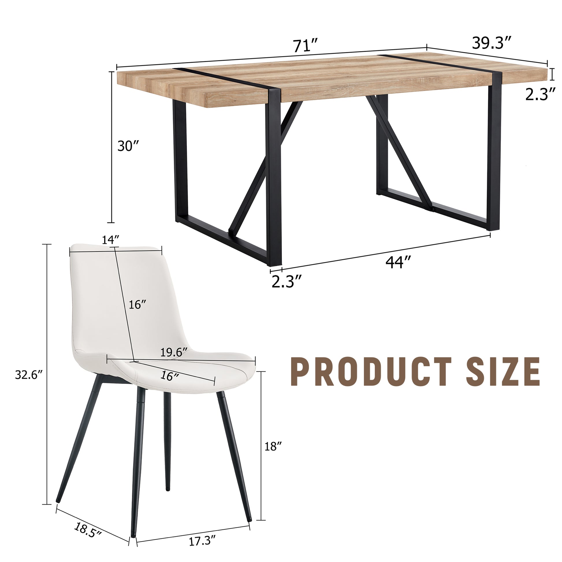 Table And Chair Set, Textured Top In Vintage Wood Color, Black Metal Legs. Dining Chair With White Faux Leather Backrest Cushion With Black Metal Legs. Wood Seats 6 Mdf Metal