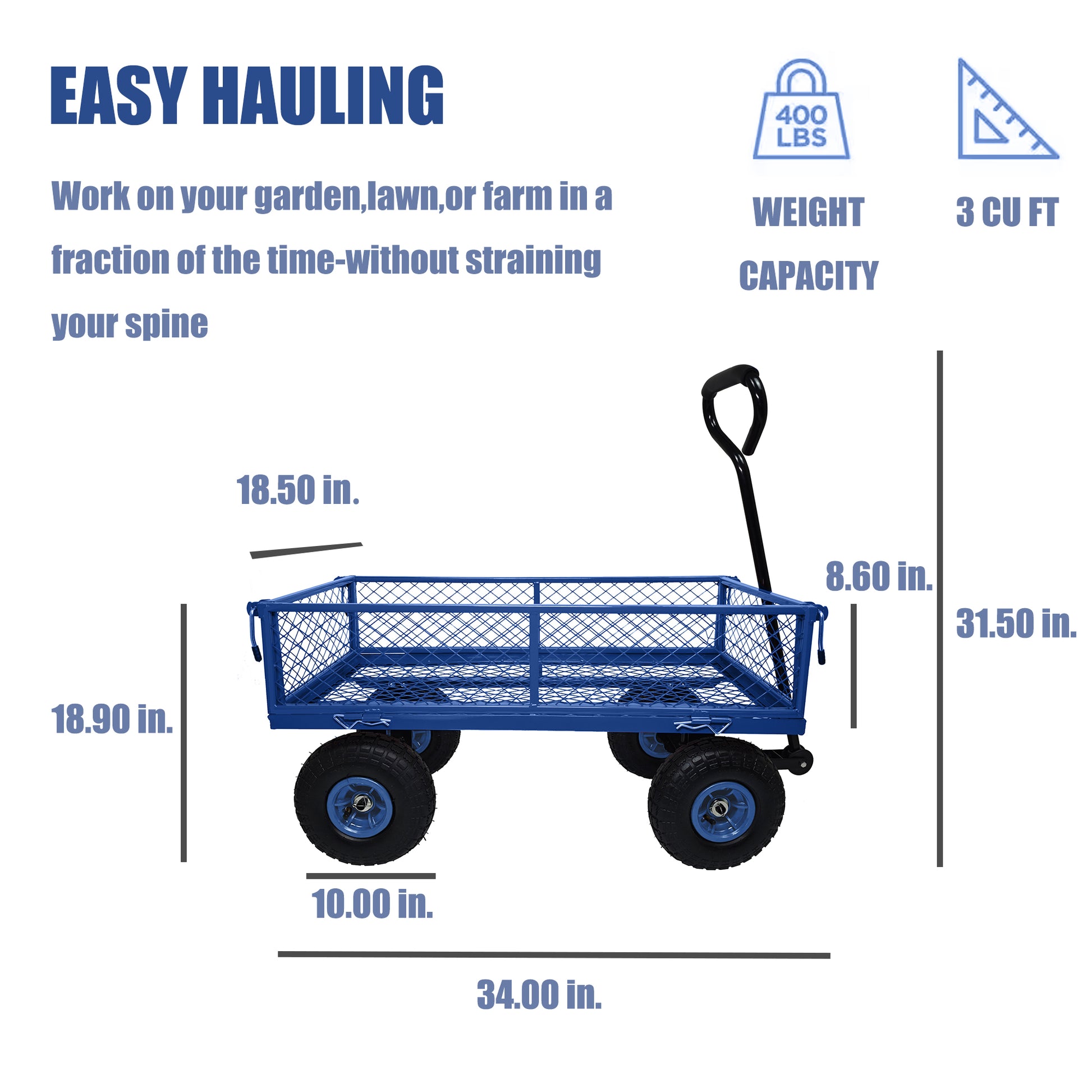 3 Cu. Ft. 300 Lbs. Capacity Removable Sides Metal Steel Mesh Heavy Duty Utility Wagon Outdoor Garden Cart In Blue Blue Steel