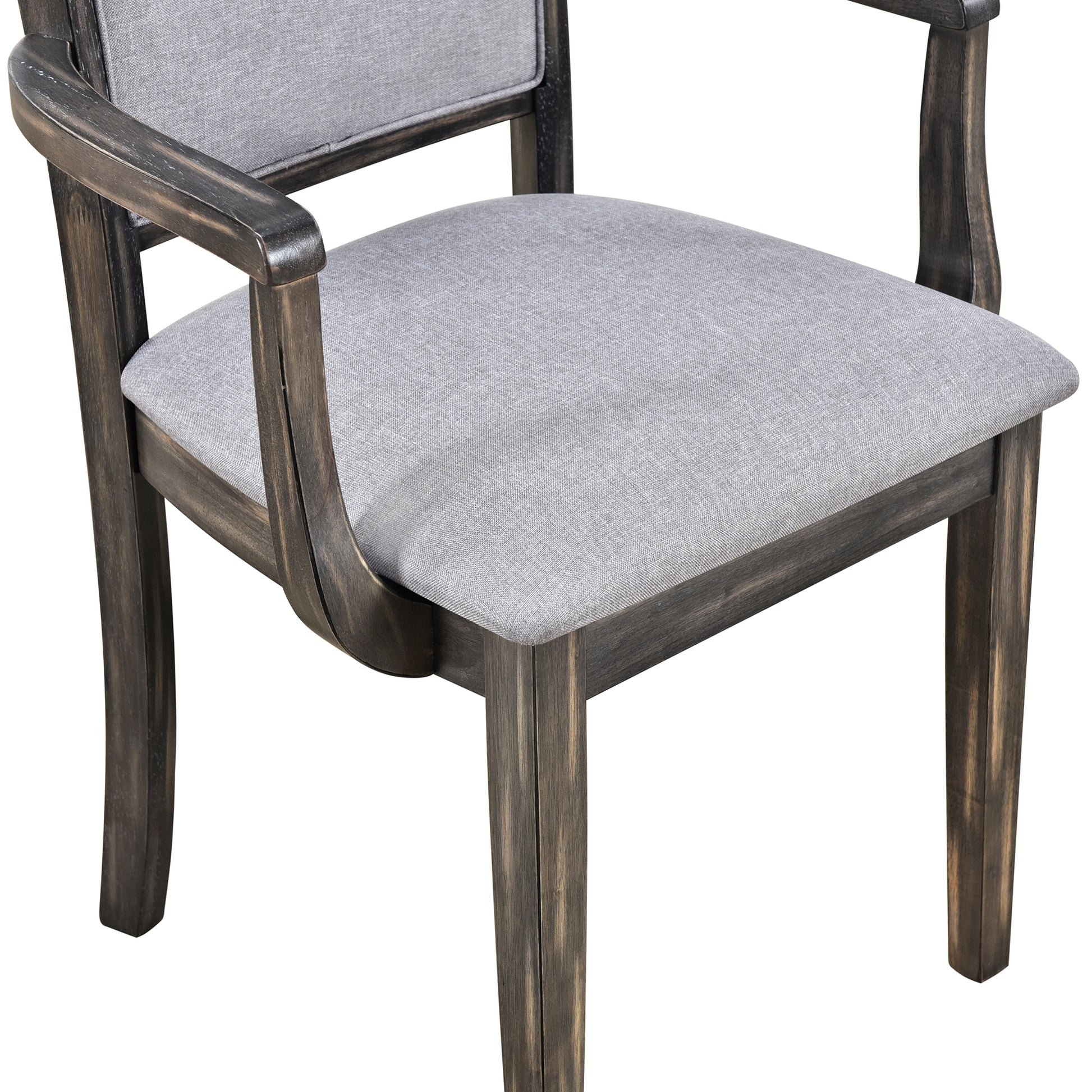 7 Piece Updated 76.9Inch Extendable Trestle Dining Table Set With Removable Leaf, Kitchen Table Set With Upholstered Side Chair And Arm Chair, Set Of 6, Grey Brown Wood Dining Room Solid Wood Rubberwood Rectangular Dining Table With Chair Upholstered