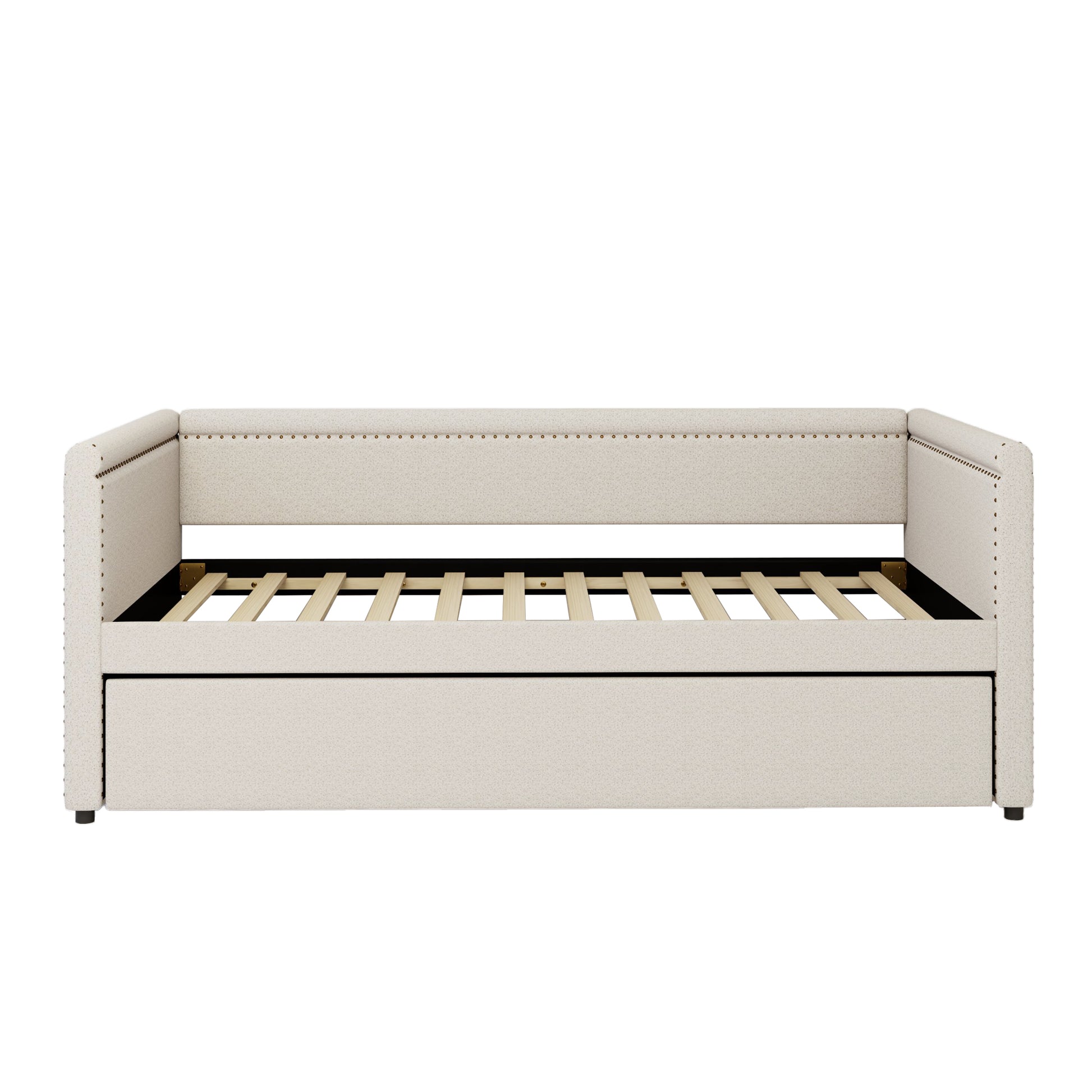 Modern Style Twin Size Upholstered Daybed With Trundle For Guest Room, Small Bedroom, Study Room, Beige Box Spring Not Required Twin Beige Wood Bedroom Traditional Daybeds Linen Upholstered