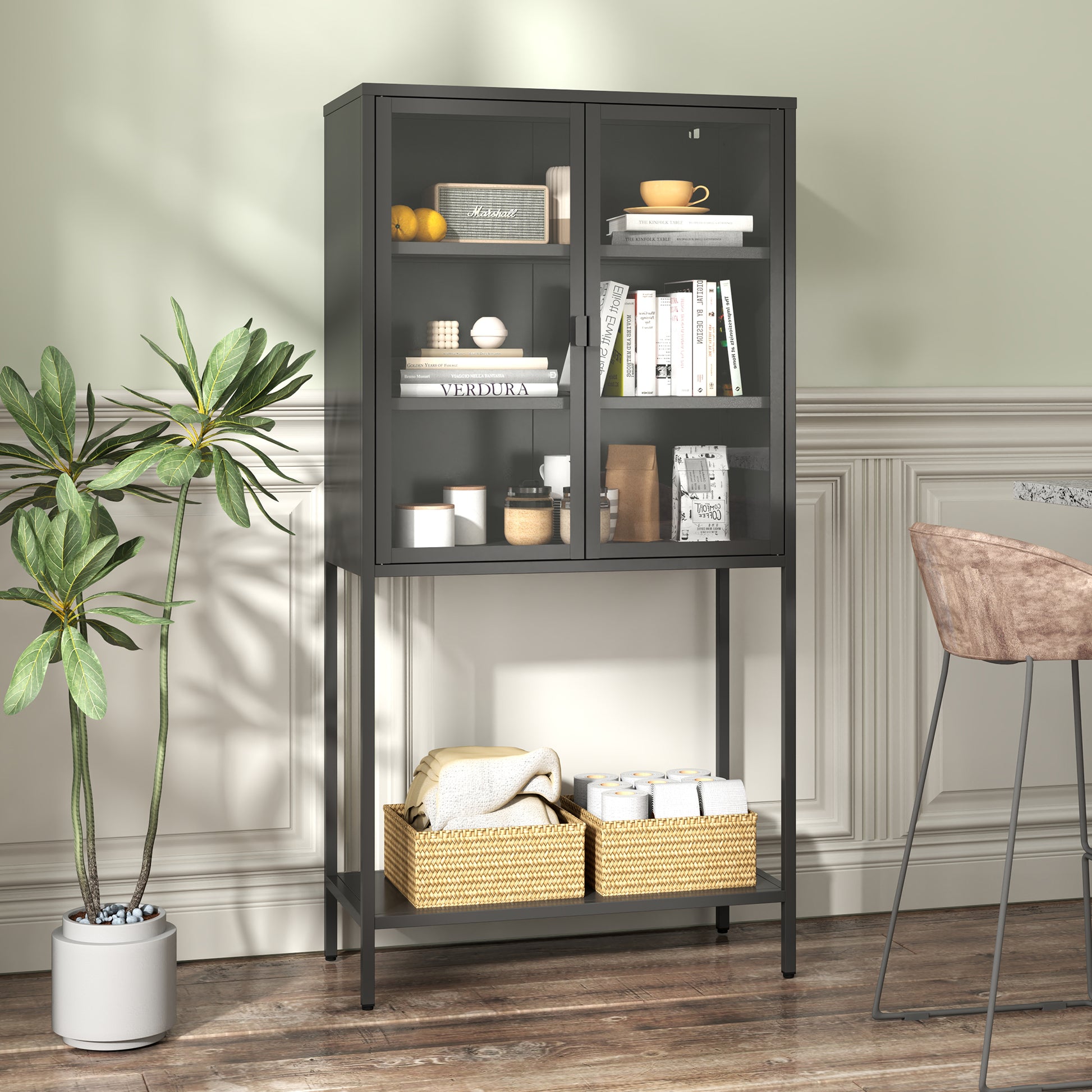 59"H Heavy Duty Metal Storage Cabinet,Sideboards & Buffet,Display Storage Cabinet With Glass Doors And 2 Adjustable Shelves, Tall Bookcase Modern Bookshelf Cabinet For Home Office, Living Room Black Primary Living Space Modern Metal Metal