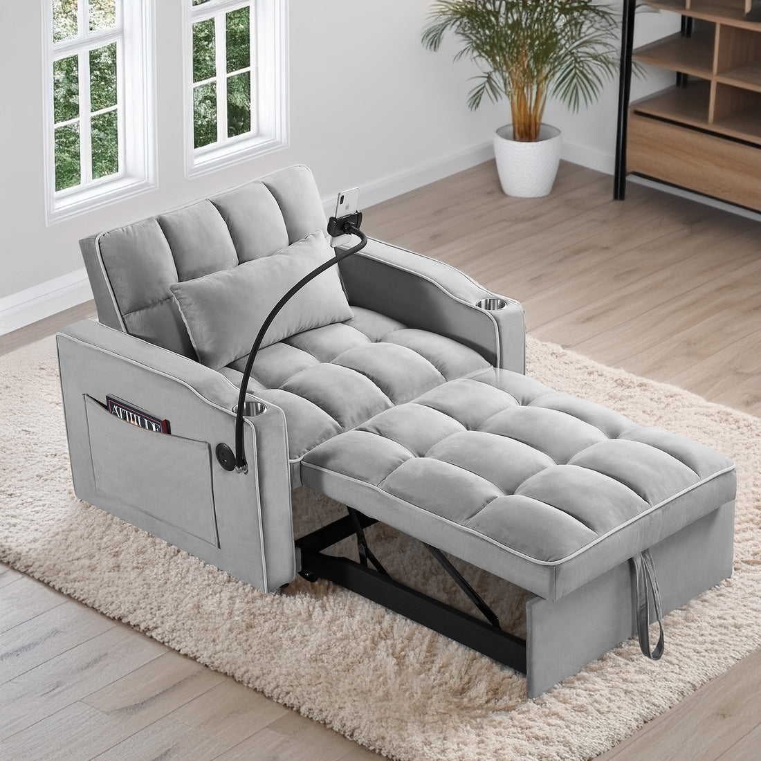 Convertible Sleeper Chair Sofa Bed Adjustable Pull Out Sleeper Chair Bed Multi Pockets Folding Sofa Bed For Living Room Bedroom Small Space,3 In 1 Sofa Bed Grey Velvet Wood Soft Tufted Back Heavy Duty American Design,American Traditional Square Arms