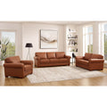 Brookfield Leather Sofa Brown Genuine Leather Wood Primary Living Space Medium Firm Cushion Back Mid Century Modern Eucalyptus Rolled Arms Down Filling Genuine Leather 3 Seat