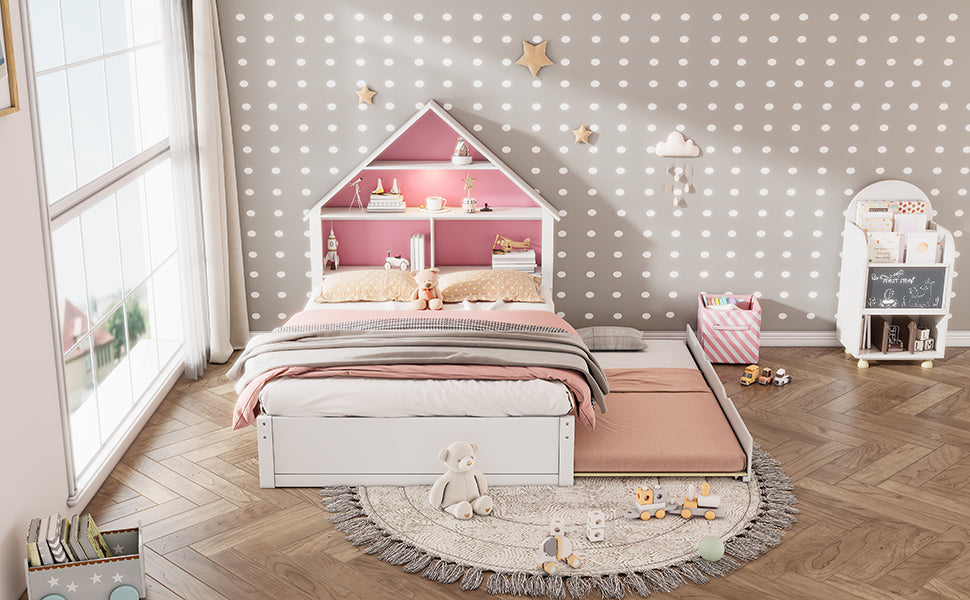 Full Size House Shaped Bed With Bookcase Headboard And Led Light And Twin Size Trundle For Kids Boys Girls, Pink White Box Spring Not Required Full White Pink Wood Bedroom Cute Bed Frame Wood