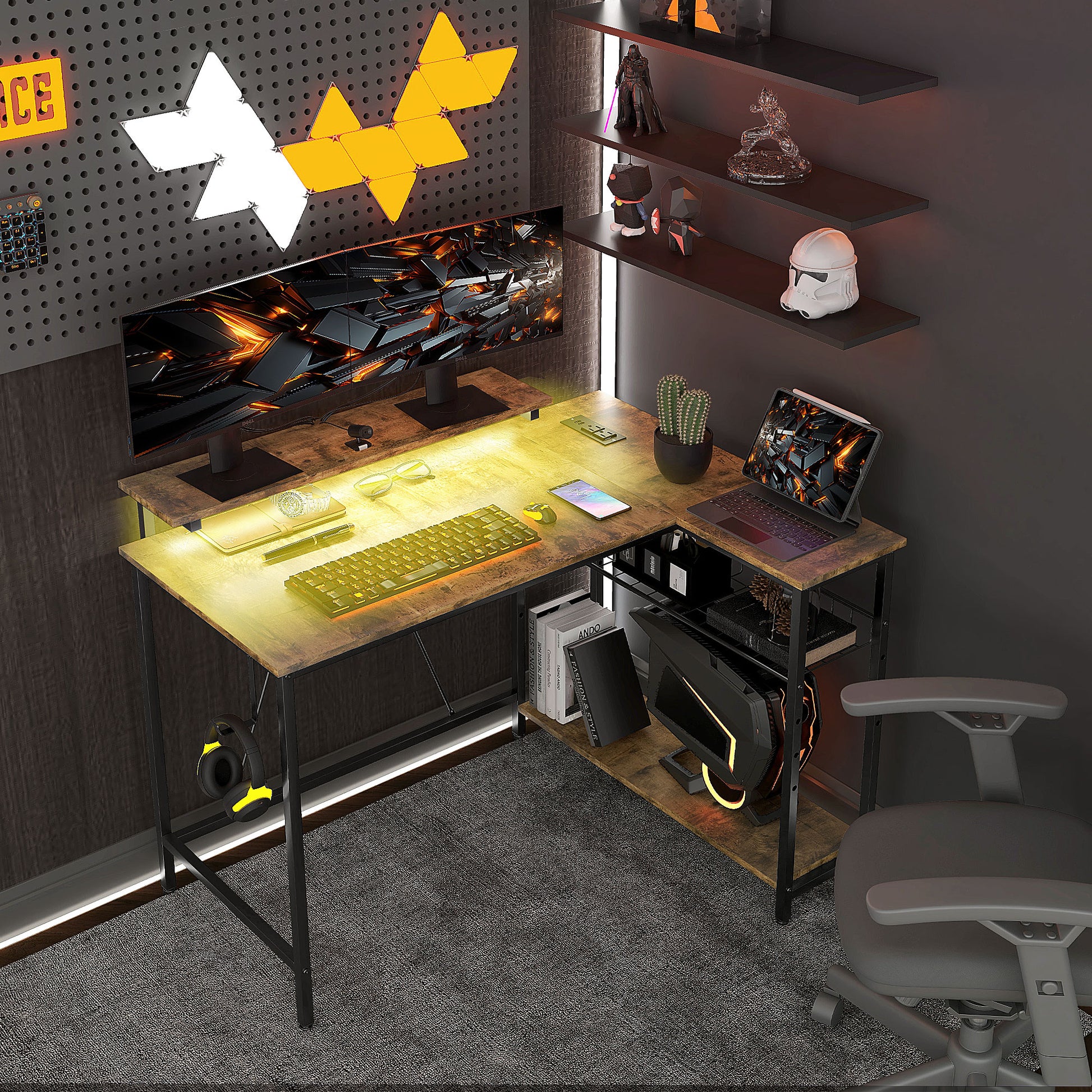 Homcom 42" L Shaped Desk With Led Lights, Power Outlet, Usb Charging Ports, Reversible L Shaped Computer Desk With Storage Shelves, Monitor Stand, Corner Gaming Desk For Home Office, Rustic Brown