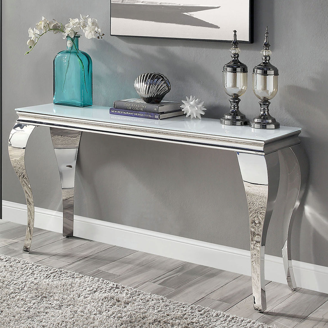 Glam Contemporary 1Pc Sofa Table White Glass Top Silver Color Table Living Room Stainless Steel Cabriole Style Legs Silver,White Primary Living Space Classic,Modern,Transitional Console Tables Rectangular Glass,Stainless Steel