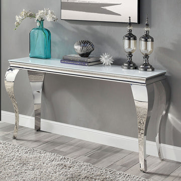 Glam Contemporary 1Pc Sofa Table White Glass Top Silver Color Table Living Room Stainless Steel Cabriole Style Legs Silver,White Primary Living Space Classic,Modern,Transitional Console Tables Rectangular Glass,Stainless Steel