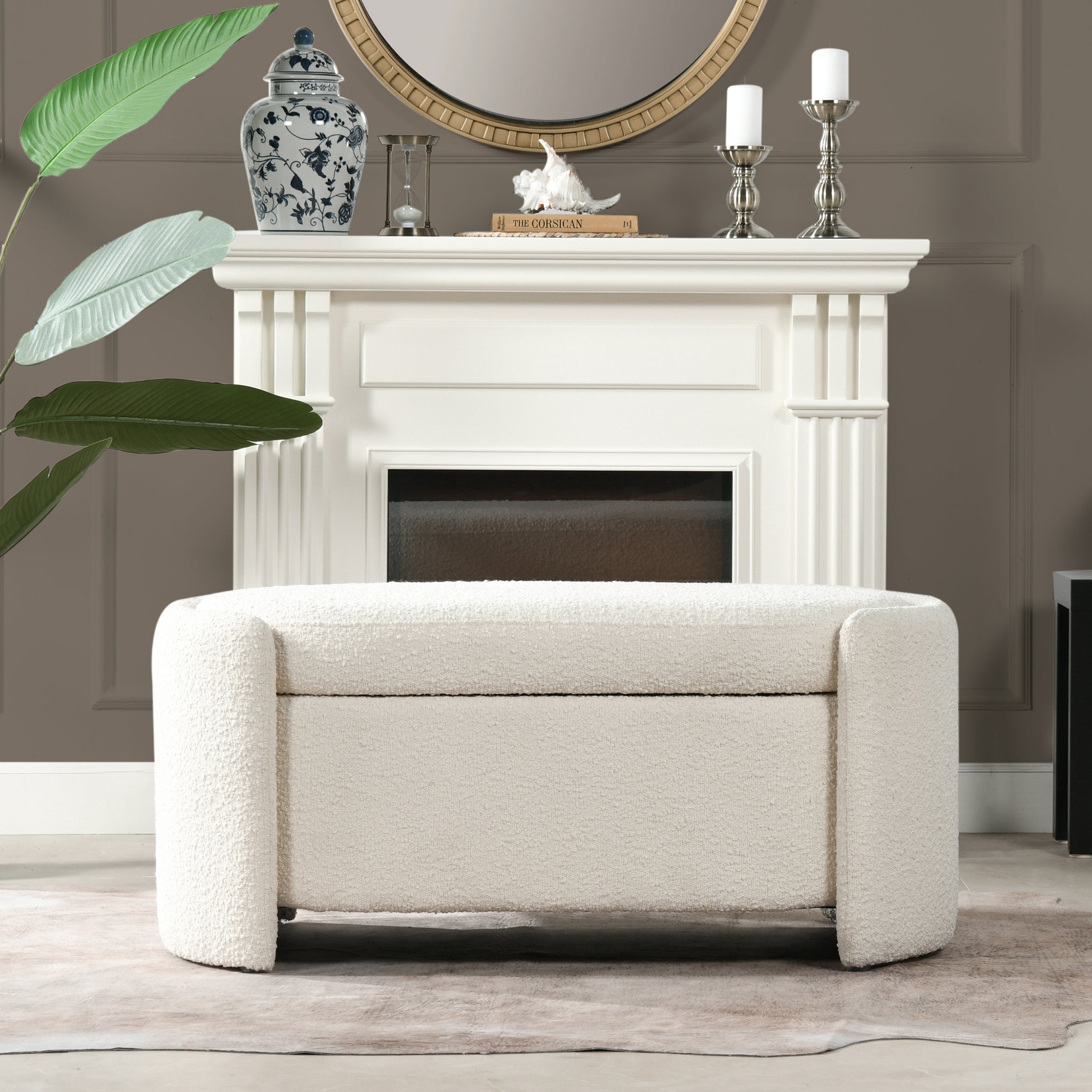 Fuji 43" Upholstered Oval Storage Bench, Ivory White Boucle White Foam Boucle