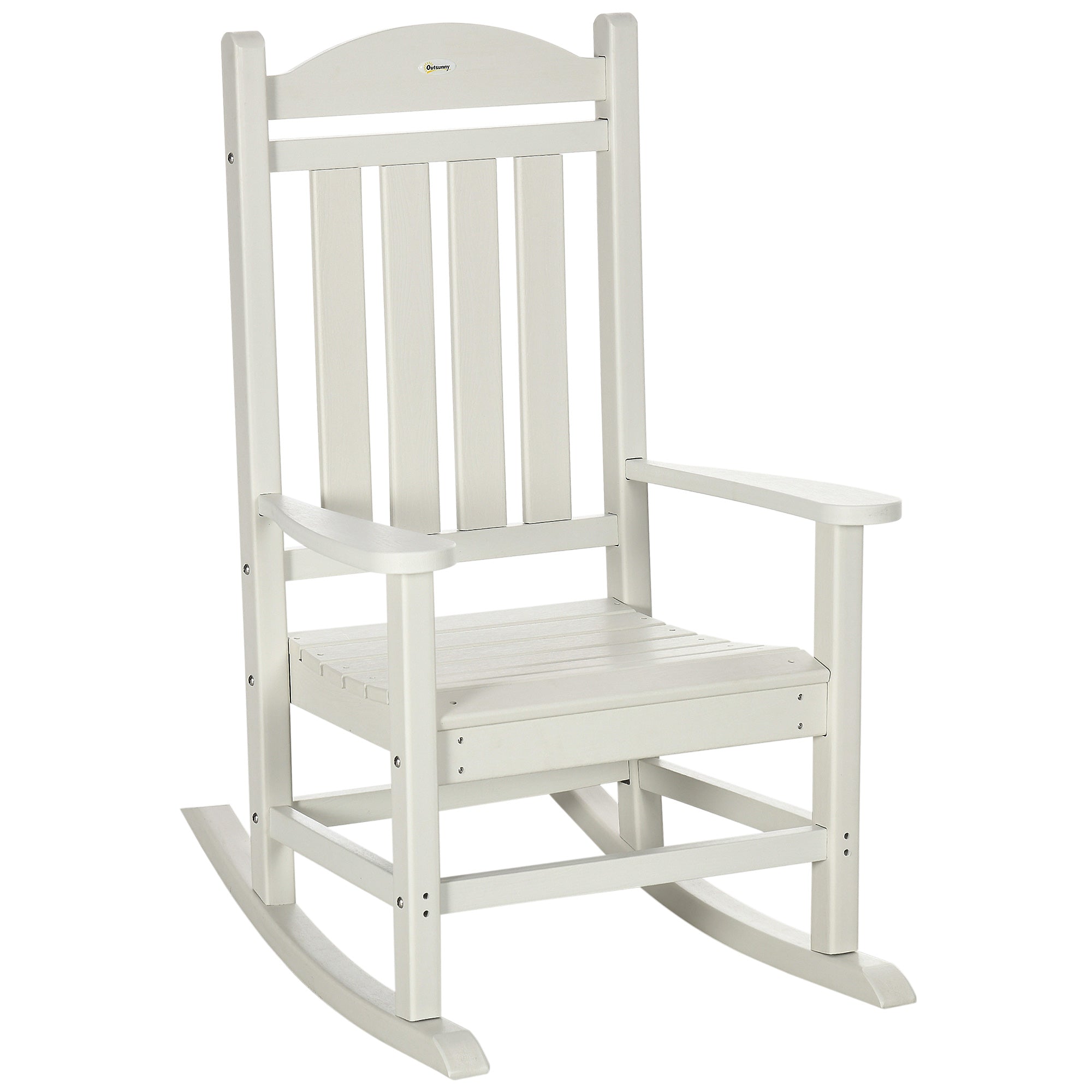 Outsunny Outdoor Rocking Chair, All Weather Resistant Hdpe Rocking Patio Chairs With Rustic High Back, Armrests, Oversized Seat And Slatted Backrest, 350Lbs Weight Capacity, White White Plastic