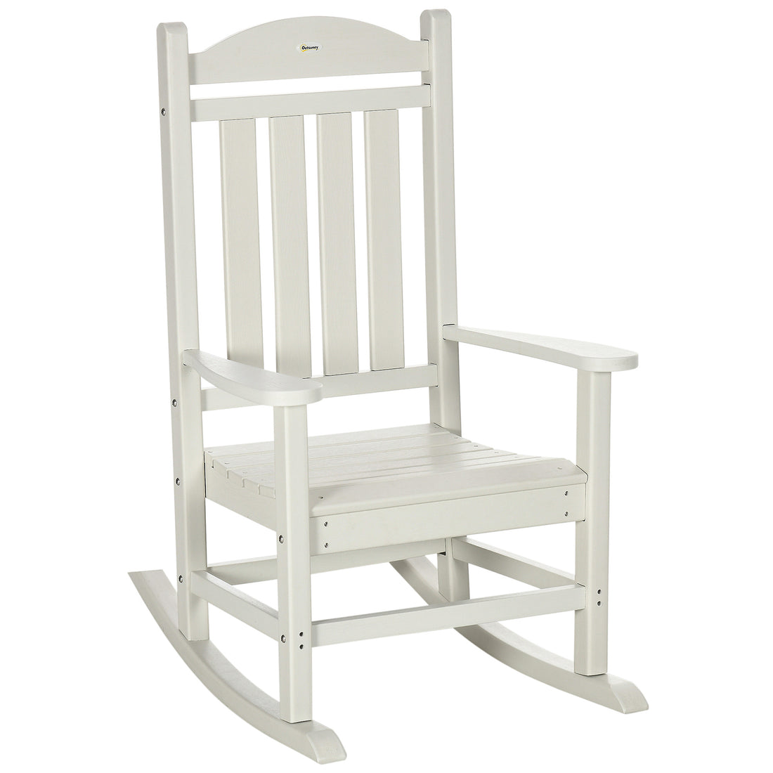 Outsunny Outdoor Rocking Chair, All Weather Resistant Hdpe Rocking Patio Chairs With Rustic High Back, Armrests, Oversized Seat And Slatted Backrest, 350Lbs Weight Capacity, White White Plastic