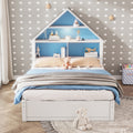 Full Size House Shaped Bed With Bookcase Headboard And Led Light And Twin Size Trundle For Kids Boys Girls, Blue White Box Spring Not Required Full White Blue Wood Bedroom Cute Bed Frame Wood