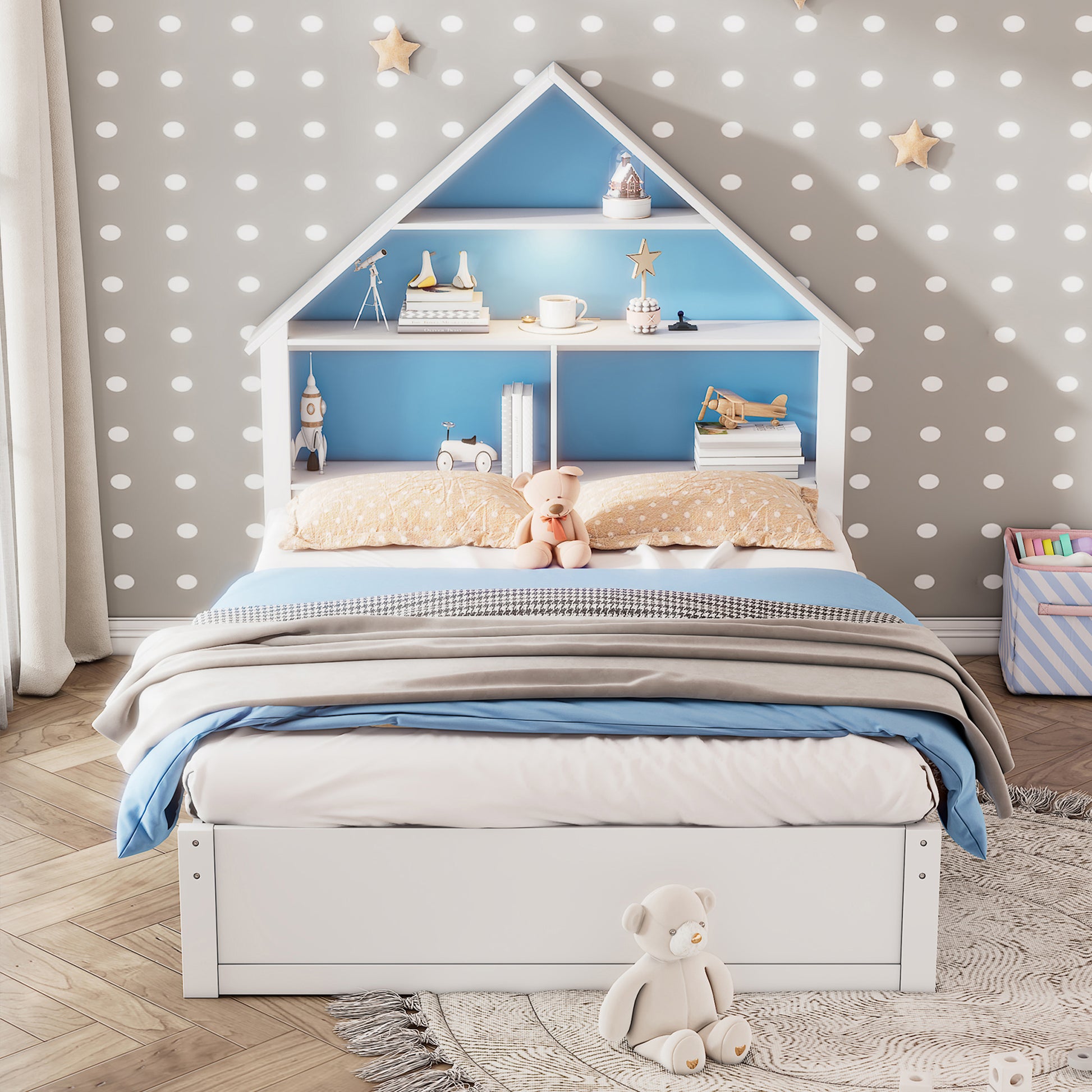 Full Size House Shaped Bed With Bookcase Headboard And Led Light And Twin Size Trundle For Kids Boys Girls, Blue White Box Spring Not Required Full White Blue Wood Bedroom Cute Bed Frame Wood