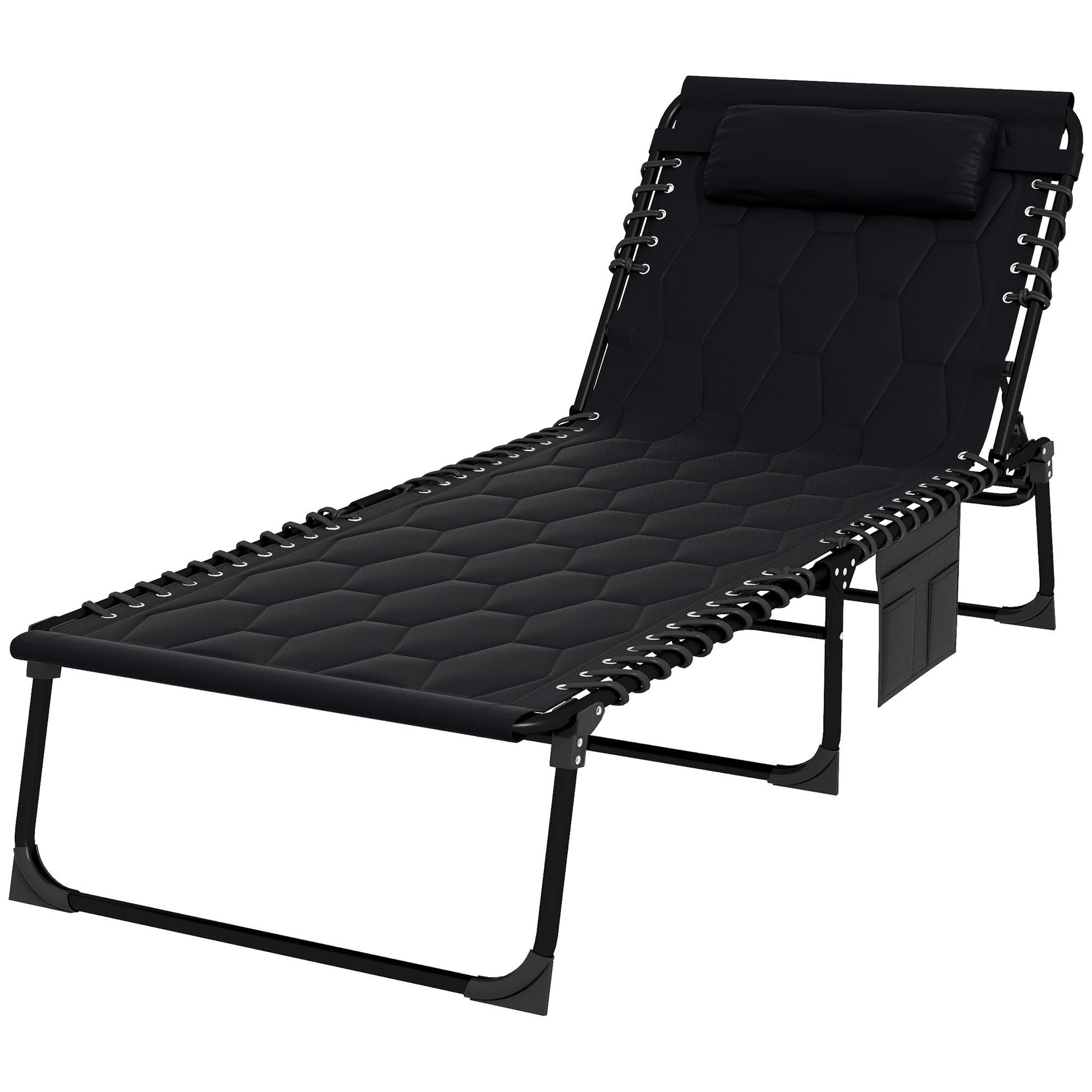 Outsunny Folding Chaise Lounge Set With 5 Level Reclining Back, Outdoor Lounge Tanning Chair With Padded Seat, Side Pocket & Headrest For Beach, Yard, Patio, Black Black Steel