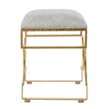 24 Inch Modern Ultra Padded Ottoman, Geometric Frame, Gray, Gold Patina Gray Iron