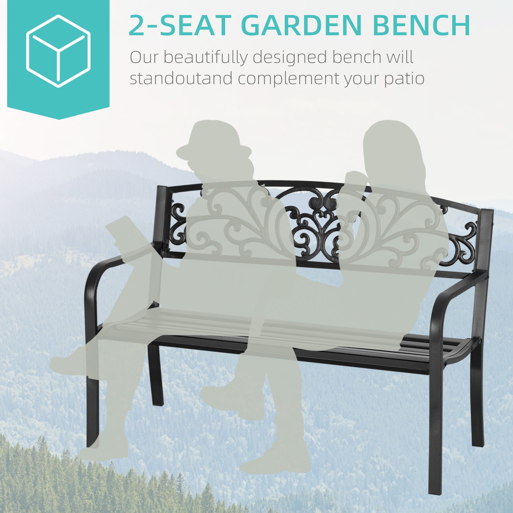 Outsunny 50" Outdoor Bench, Metal Garden Bench With Floral Pattern Backrest, Porch Bench With Slatted Seat For Park, Yard, Lawn, Black Black Iron