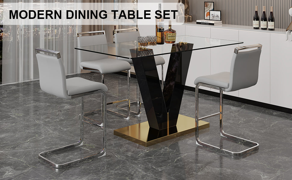 Table And Chair Set. A Rectangular Glass Dining Table With A 0.4 Inch Tempered Glass Tabletop And Mdf Board V Shaped Bracket, Paired With Chairs Consisting Of Pu Seat Cushions And Silver Metal Legs. Black Gray Seats 4 Tempered Glass