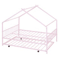 Full Size Metal House Bed With Twin Size Trundle, Pink Full Pink Metal