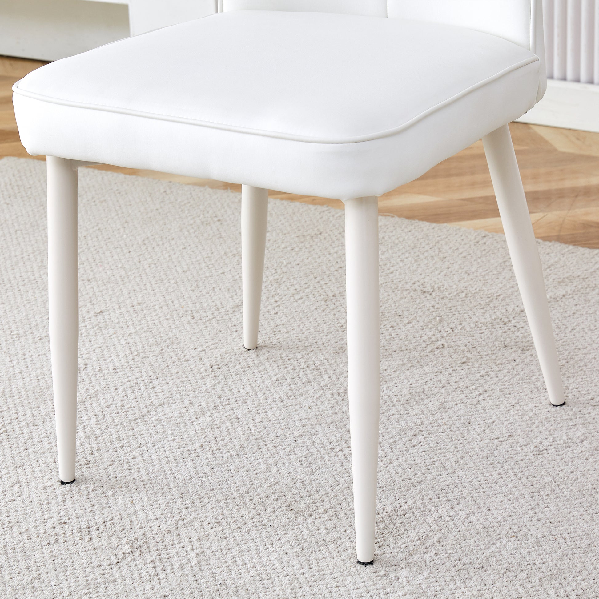 Table And Chair Set, Mdf Desktop, White Metal Table Legs, Stable And Beautiful, Suitable For Most Styles Of Home. Modern Simple Dining Table, Comfortable Seating. White Seats 4 Mdf