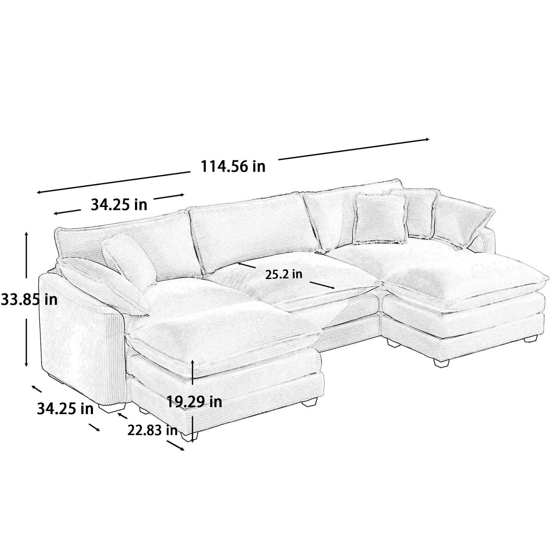 Oversized Modular Cushion Sofa, Portable Ottoman, L Shaped Corner Low Back Deep Seating Spacious Sofa Set And Sofa Bed For Home Apartment Living Room Set, Grey Corduroy Grey Corduroy 3 Seat