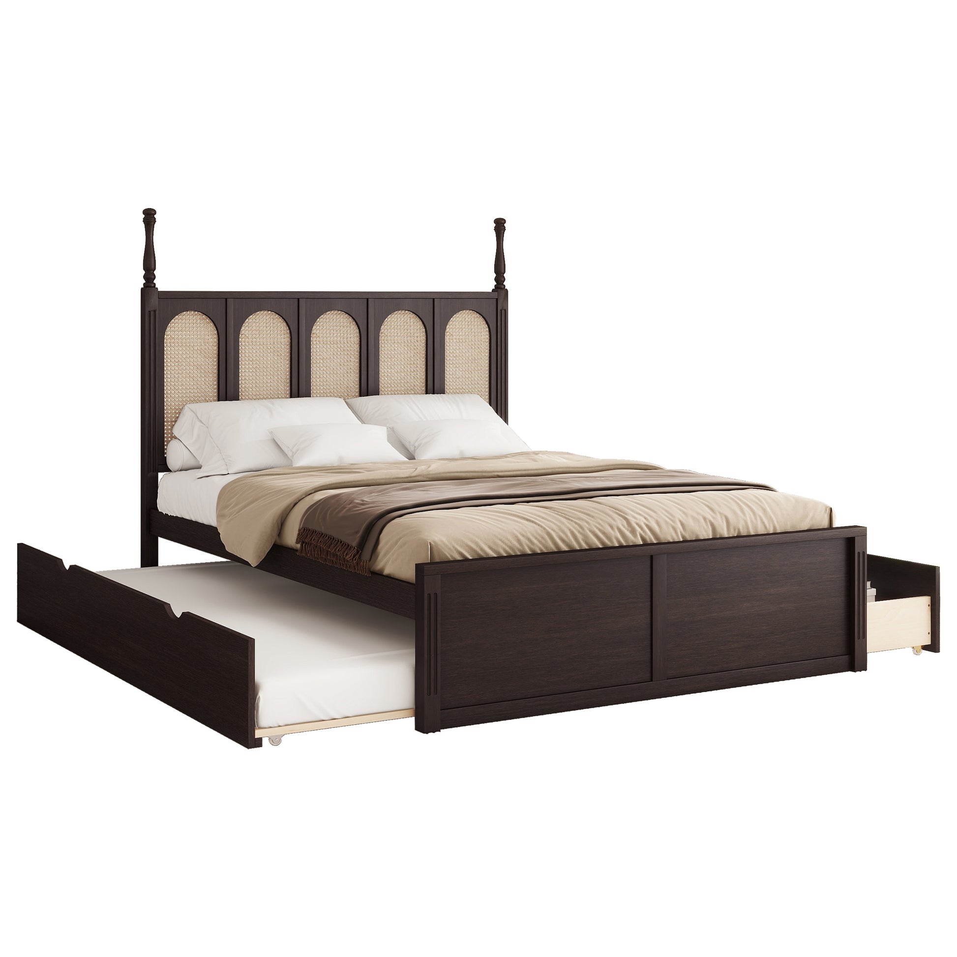 Queen Size Rattan Platform Bed With With 2 Big Drawers, T Size Trundle, Espresso Queen Espresso Plywood