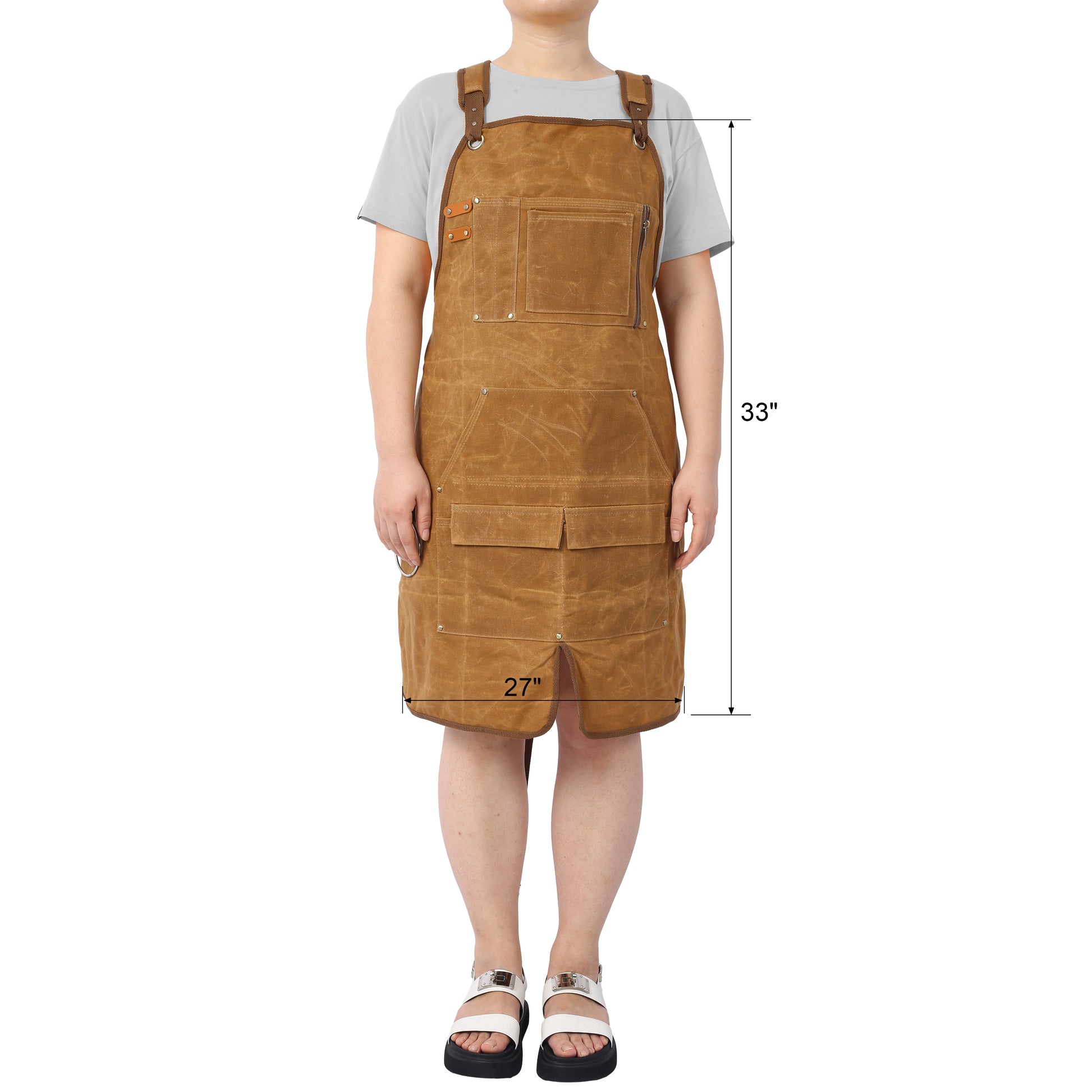 Long Heavy Duty Waxed Canvas Tool Apron, Carpenter Aprons, Woodworking Aprons, Carpenters Water Resistant 18 Oz ,Fully Adjustable To Comfortably Fit Men And Women Brown Canvas