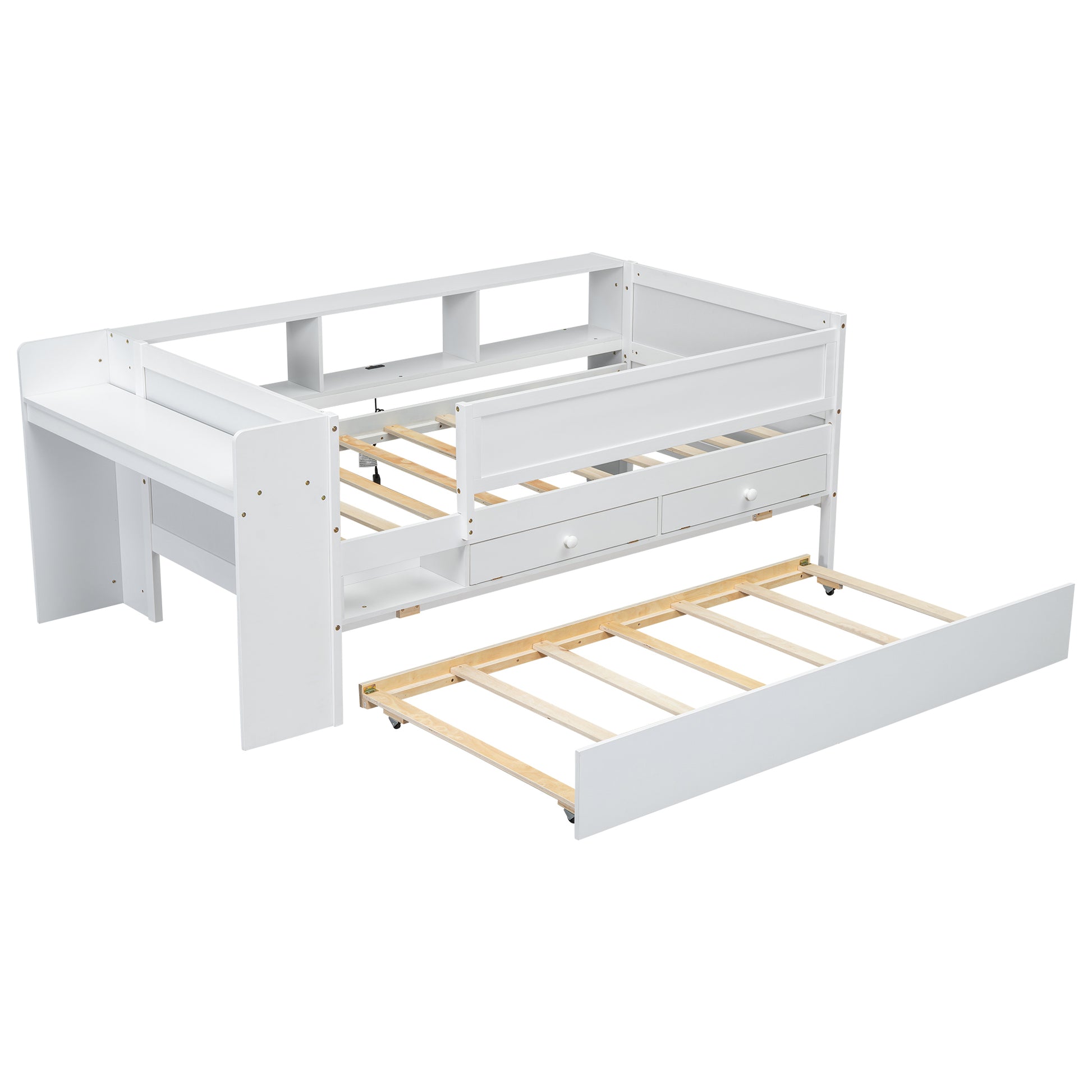 Multi Functional Twin Daybed With Drawers And Trundle, Headboard Storage And Tables, Usb Charging Station, White Box Spring Not Required Twin White Wood Daybeds Pine