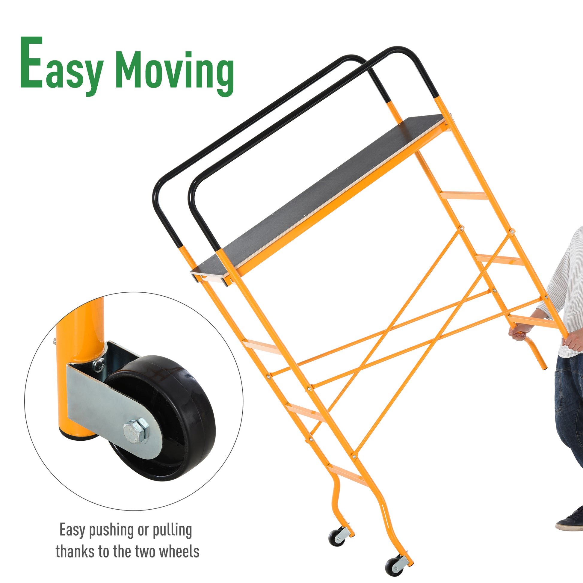 Homcom 4 Step Steel 4.6 X 2 X 6 Ft. Scaffold 2 Wheels Free Moving For Indoor & Outdoor Decoration Anti Skid, 440 Pound Capacity Black Steel