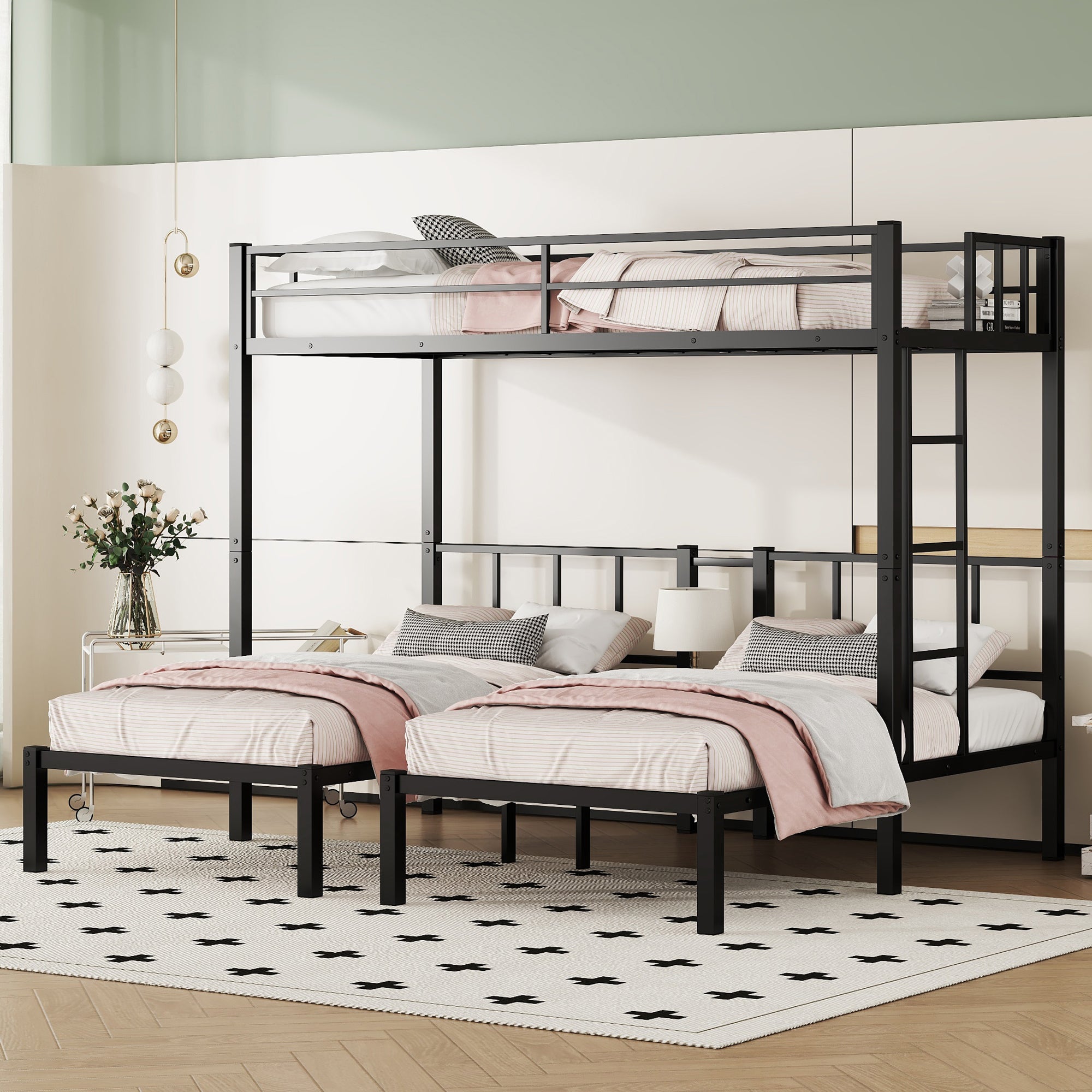 Twin Over Twin & Twin Bunk Beds For 3, Twin Xl Over Twin & Twin Bunk Bed Metal Triple Bunk Bed, Black Twin Xl Black Metal
