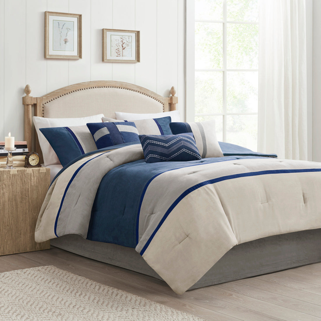 7 Piece Faux Suede Comforter Set Blue Cal King California King Blue Polyester