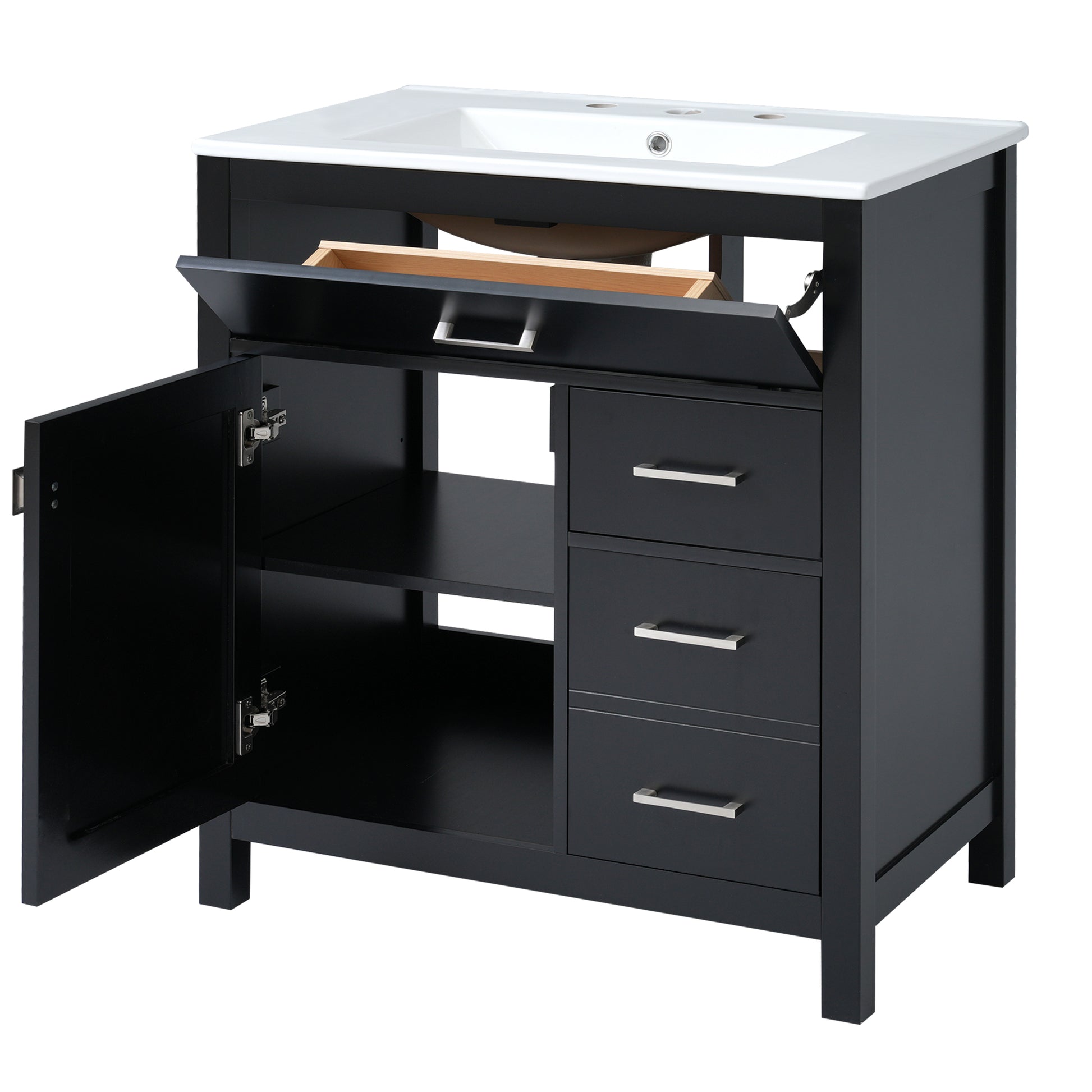 30 Inch Black Bathroom Vanity With Ceramic Sink And Large Storage Ideal Choice For Small Bathrooms Black Bathroom Solid Wood Mdf