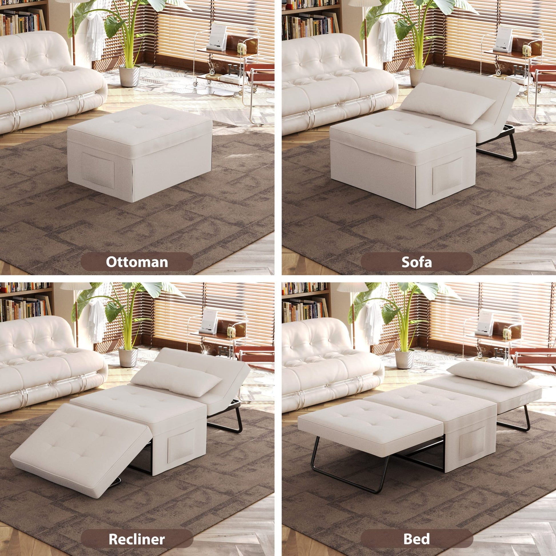 Sofa Bed,Chair Bed,Sleeper Couch,4 In 1 Multi Function Folding Ottoman Bed With Slide Storagepocket For Living Room,Bedroom,Hallway,Beige Beige Espresso Bedroom Mid Century Modern Oak Upholstered Fabric