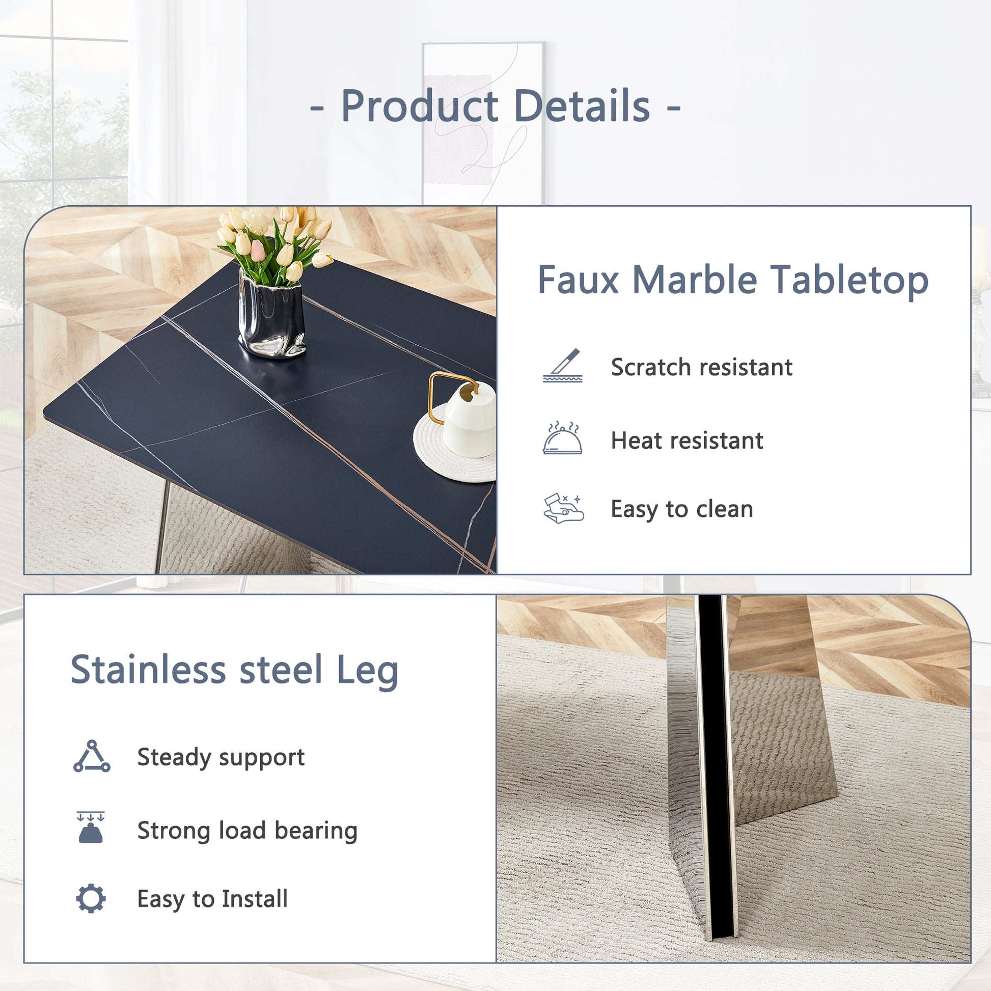Table And Chair Set.63"X31.5X30" Black Marble Patterned Slabs Tabletop With Stainless Steel Butterfly Legs.Paried With 6 Light Gray High Quality Pu Chairs With Silver Metal Legs. Light Gray,Silver