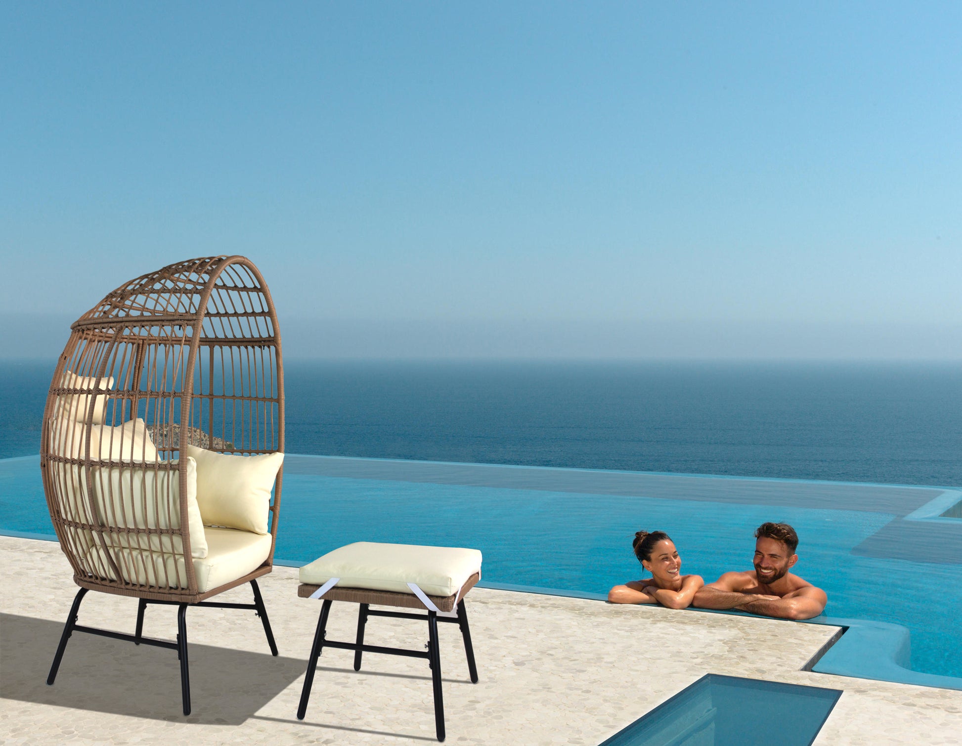 Outdoor Garden Wicker Egg Chair And Footstool Patio Chaise, With Cushions, Outdoor Indoor Basket Chair Yes White Natural Seats 2 Garden & Outdoor European,Modern Steel