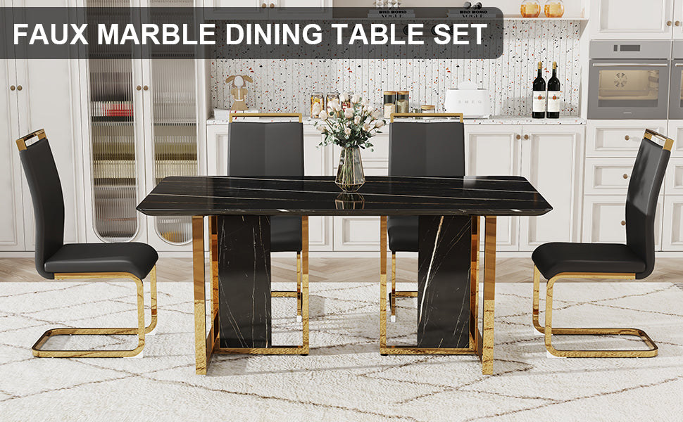 Table And Chair Set. Modern Dining Table With Mdf Top And Beautiful Mdf Legs. Equipped With Comfortable Pu Chairs And Metal Legs. Suitable For A Wide Range Of Decorative Styles. Black Seats 4 Mdf